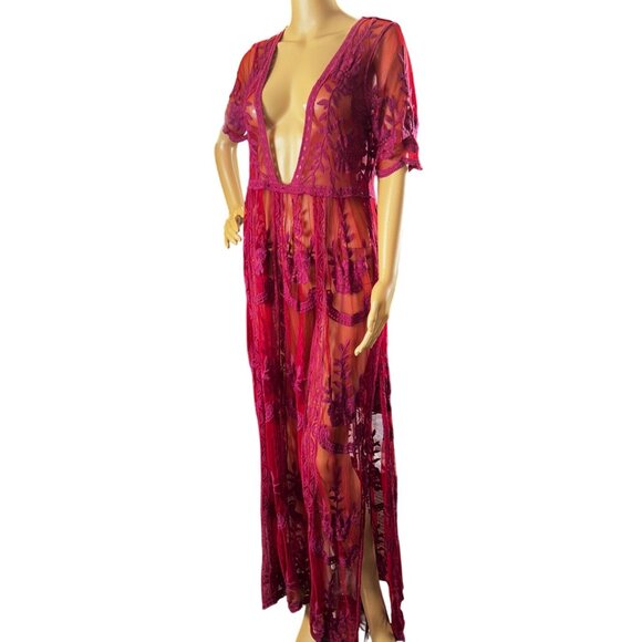 Sheer Floral Mesh Maxi Dress/Overlay with Plunge Neckline Fairy Castlecore - Picture 2 of 11